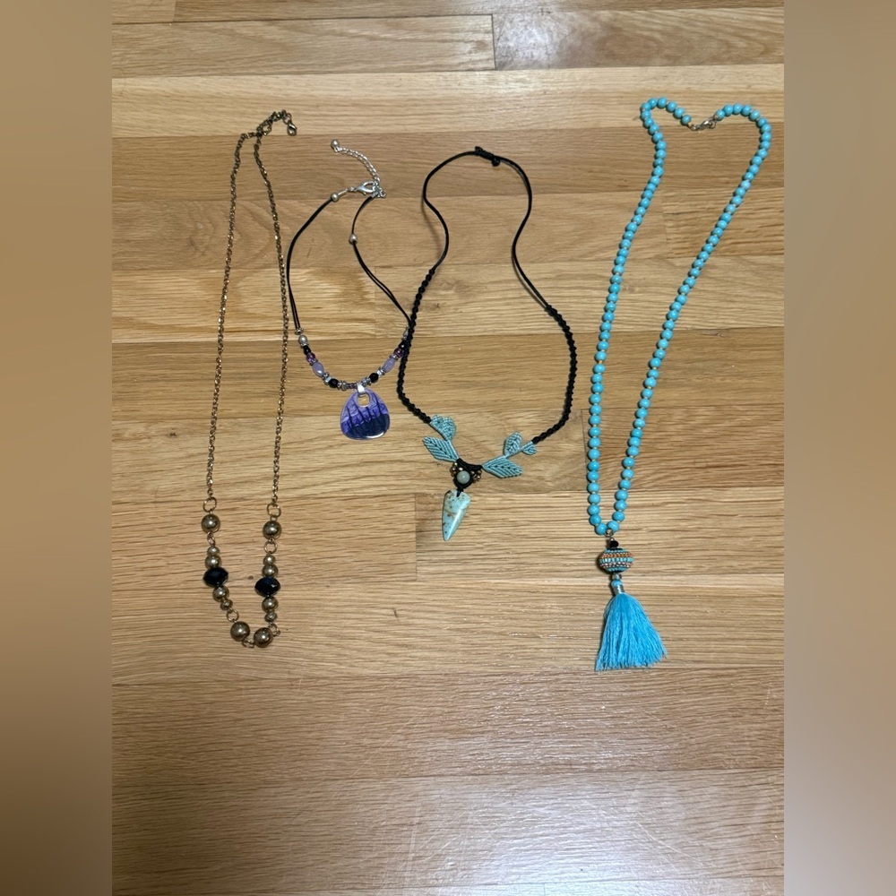 Curated Boho Statement Necklace Lot - 4pc Set - Turquoise, Macrame, & Art Glass
